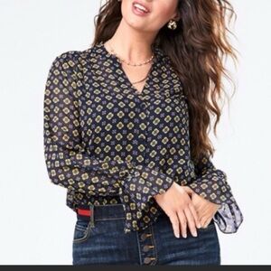 CAbi 3772 Mosaic Ruffle Cuff Long Sleeve Semi-Sheer Blouse Size XS